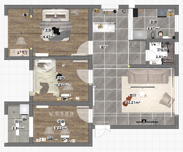 孟宪涛｜石门坎110号1-404-100㎡-现代简约风格｜3室1厅1卫｜老房装修｜定制家｜全包14万｜00_03平面彩图